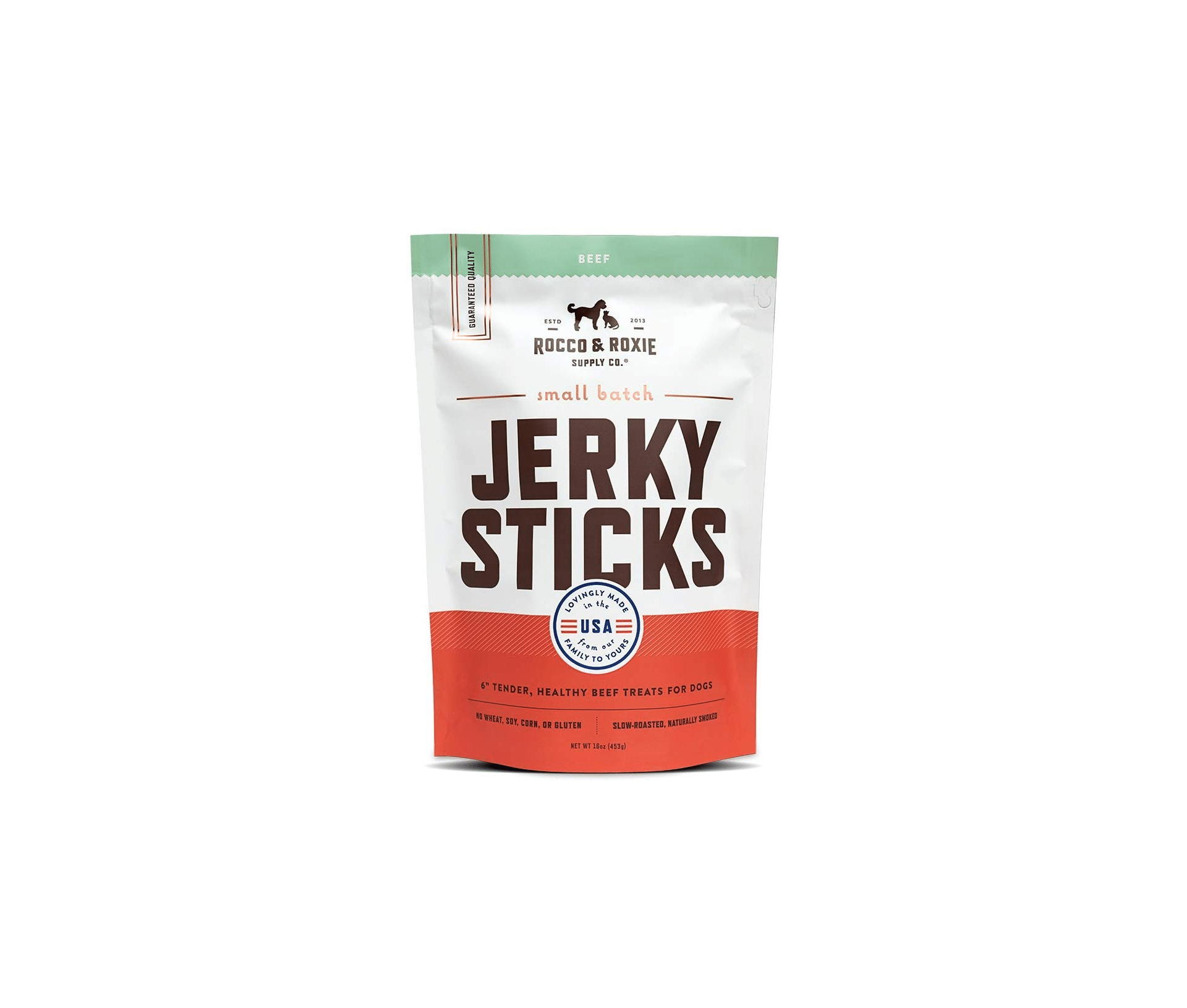 Delicious Choose Beef Slow Roasted Tender and Healthy 6 Jerky Sticks Treat 16 oz Rocco & Roxie Gourmet Jerky Dog Treats Made in USA Bag Chicken or Turkey 